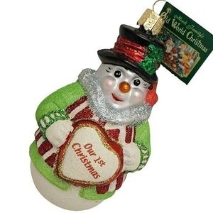 Old World Christmas Our 1st Christmas Snowman Ornament OS Red Green Glitter 2011
